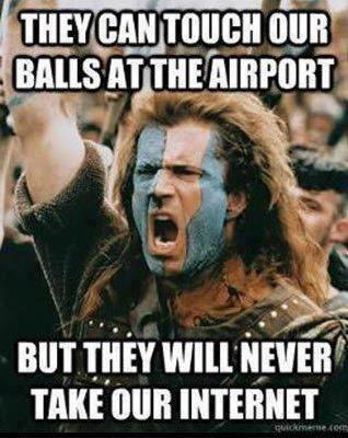 They can touch our balls at the airport, but they will never take our internet!  (Mel Gibson in Braveheart)