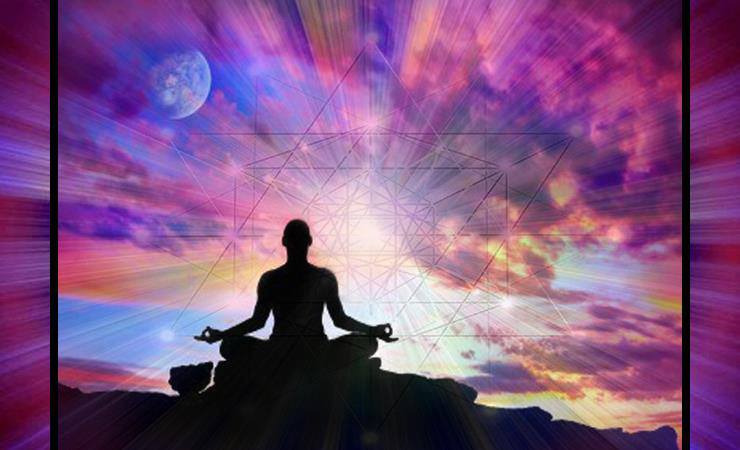 Meditator w Painted Sky and Sacred Geometry